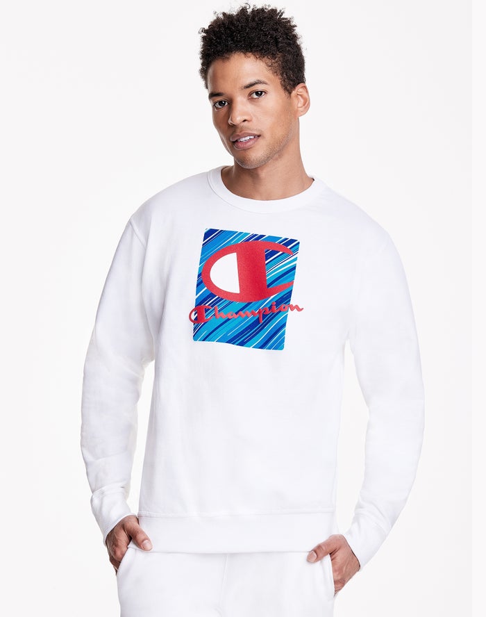 Champion Powerblend Fleece Crew Inset Rectangle Logo  Sweatshirt Heren - Wit - Belgie 6123UCHDQ